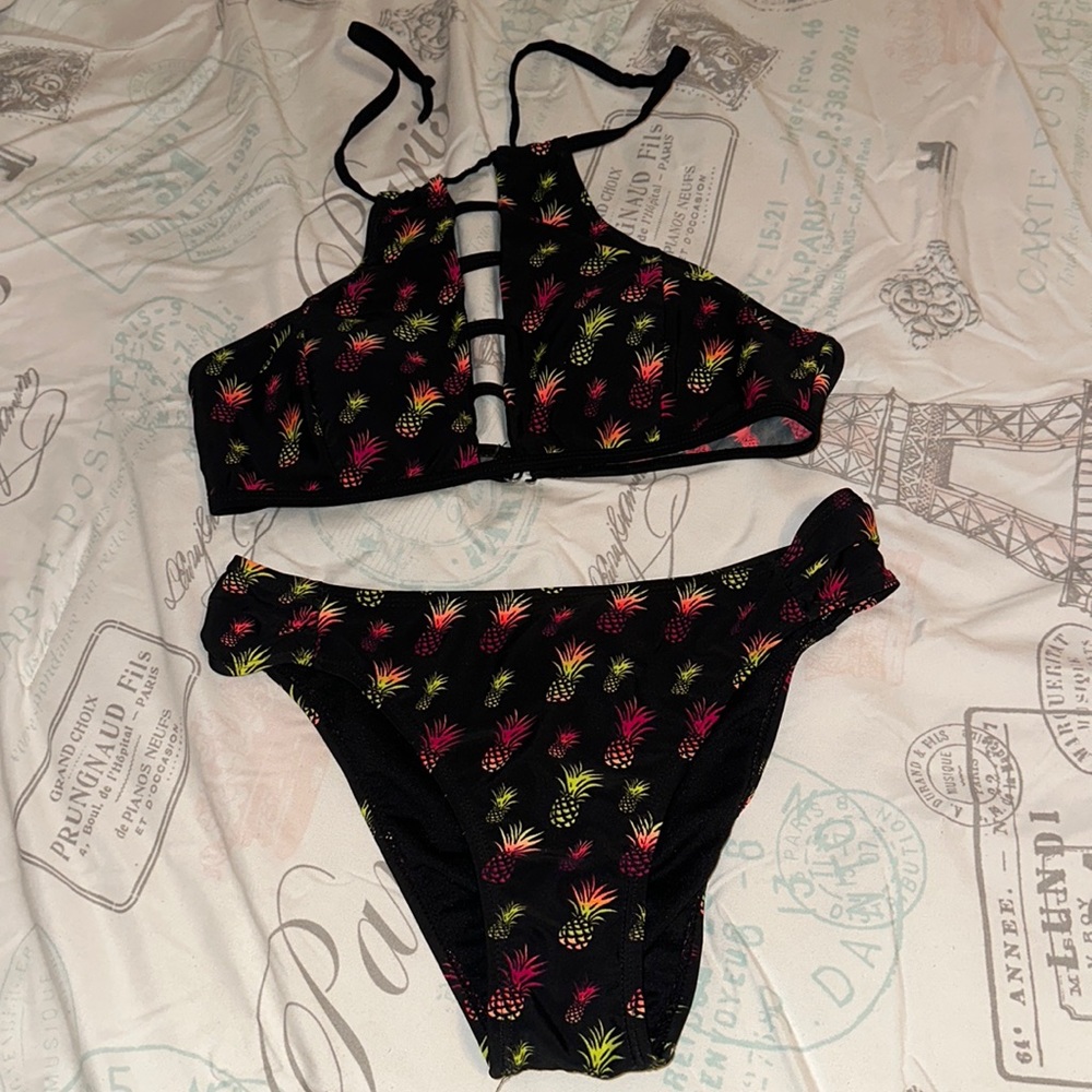 Black bikini with colored pineapples